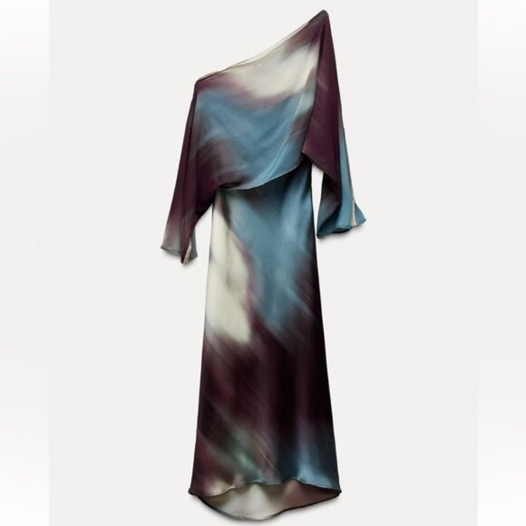 ZARA SATIN EFFECT PRINT CAPE DRESS